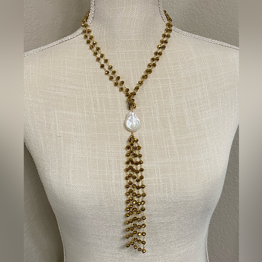 Gold Swarovski Necklace with Coin Pearl